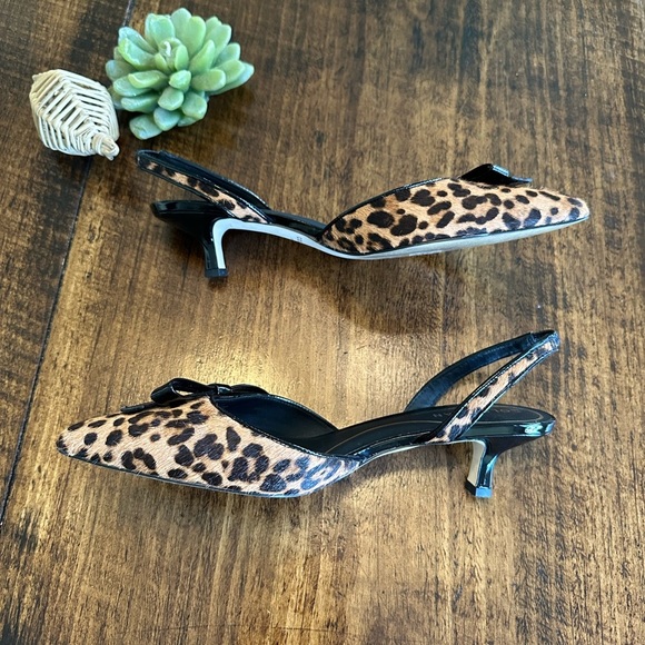 Cole Haan | Noella Bow Leopard Print Leather Slingback Kitten Heel Pumps - Picture 6 of 10